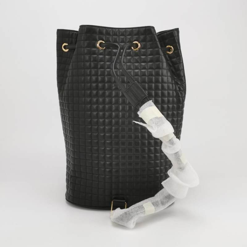 Celine C Charm牛皮純色方格拉鏈口袋抽繩C字吊飾雙肩包 9.8新-3