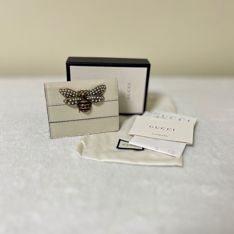 Gucci Queen Margaret 白色皮革卡夾錢包 蜜蜂造型的珍珠與水晶-0