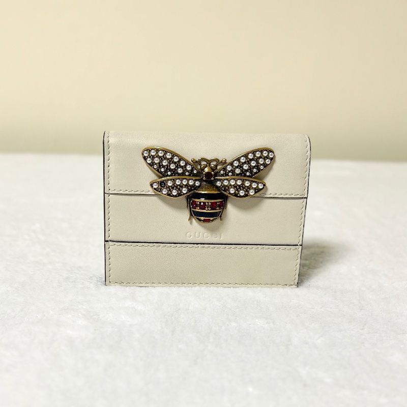 Gucci Queen Margaret 白色皮革卡夾錢包 蜜蜂造型的珍珠與水晶-5