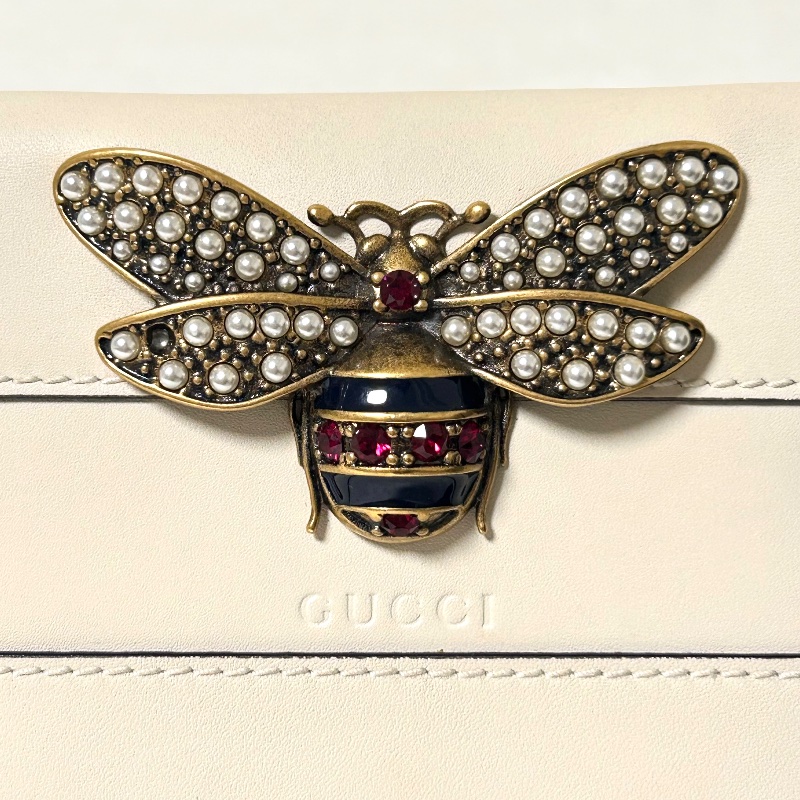 Gucci Queen Margaret 白色皮革卡夾錢包 蜜蜂造型的珍珠與水晶-25