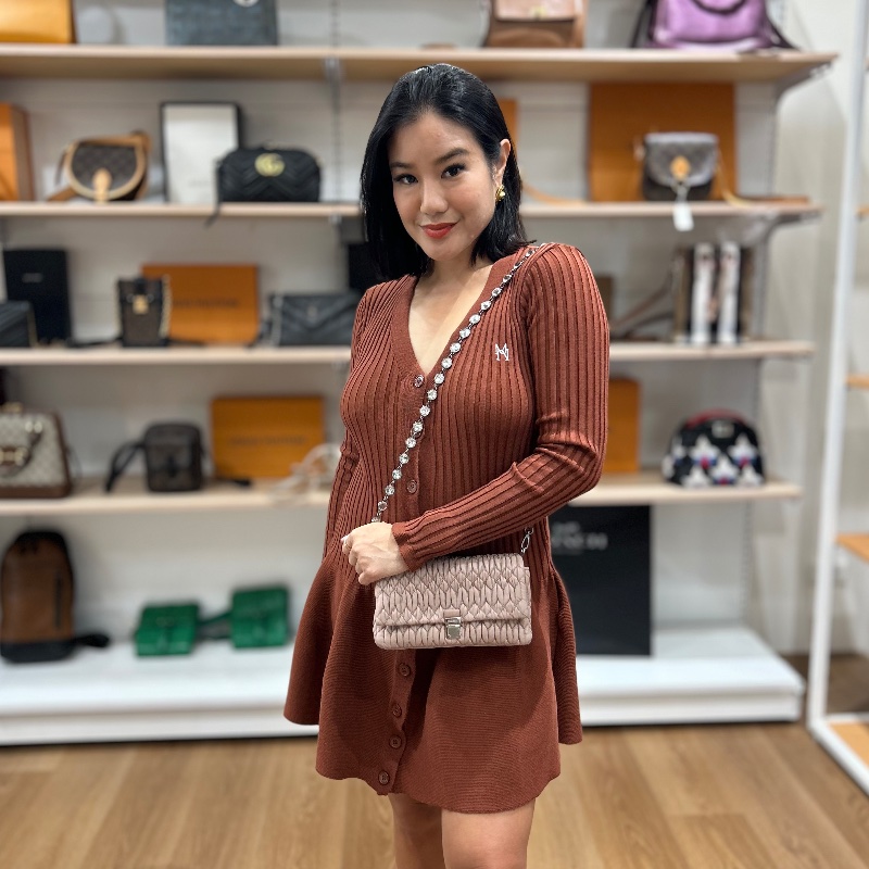 MIU MIU Crystal 皺摺皮革水晶鏈帶 肩背包-5