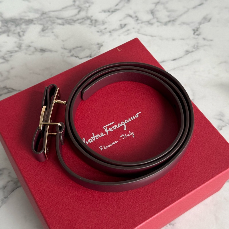Ferragamo酒紅色金logo細腰帶  真的必買✨-2