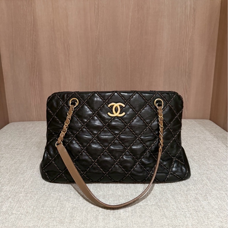 CHANEL 香奈兒 黑金 菱格 牛皮 托特包 手提包 肩背包 側背包-0