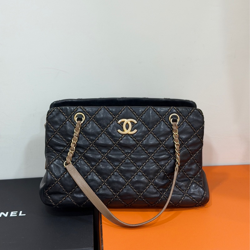 CHANEL 香奈兒 黑金 菱格 牛皮 托特包 手提包 肩背包 側背包-2