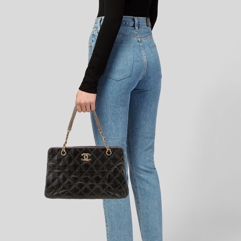 CHANEL 香奈兒 黑金 菱格 牛皮 托特包 手提包 肩背包 側背包-4