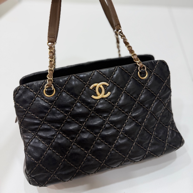 CHANEL 香奈兒 黑金 菱格 牛皮 托特包 手提包 肩背包 側背包-6