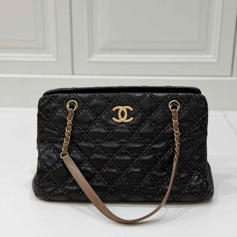 CHANEL 香奈兒 黑金 菱格 牛皮 托特包 手提包 肩背包 側背包-7