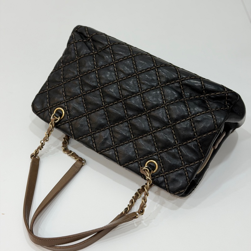 CHANEL 香奈兒 黑金 菱格 牛皮 托特包 手提包 肩背包 側背包-8