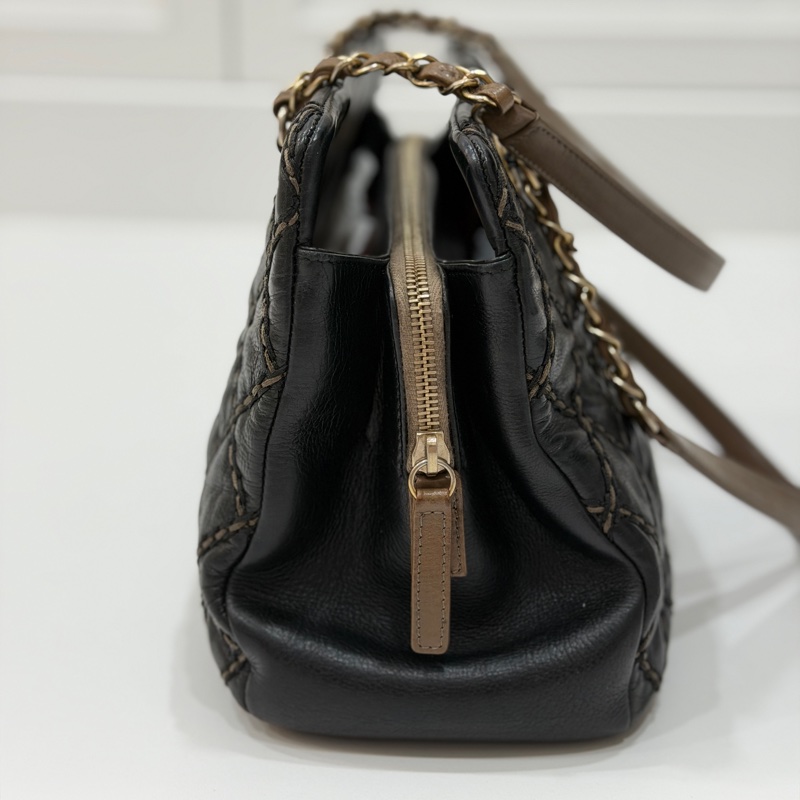 CHANEL 香奈兒 黑金 菱格 牛皮 托特包 手提包 肩背包 側背包-10