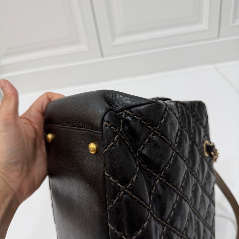 CHANEL 香奈兒 黑金 菱格 牛皮 托特包 手提包 肩背包 側背包-14