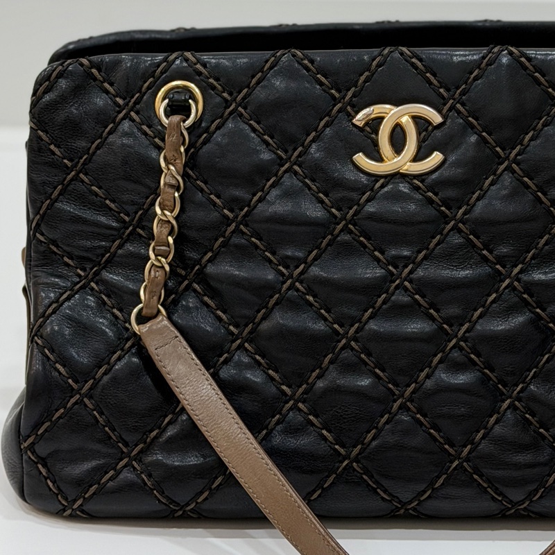 CHANEL 香奈兒 黑金 菱格 牛皮 托特包 手提包 肩背包 側背包-25