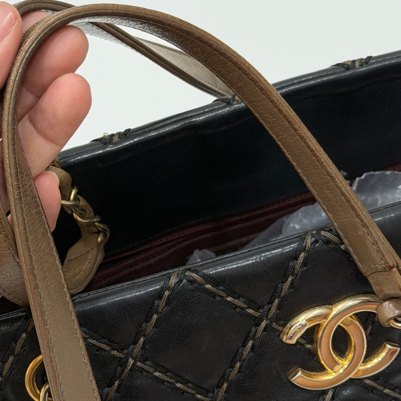 CHANEL 香奈兒 黑金 菱格 牛皮 托特包 手提包 肩背包 側背包-32