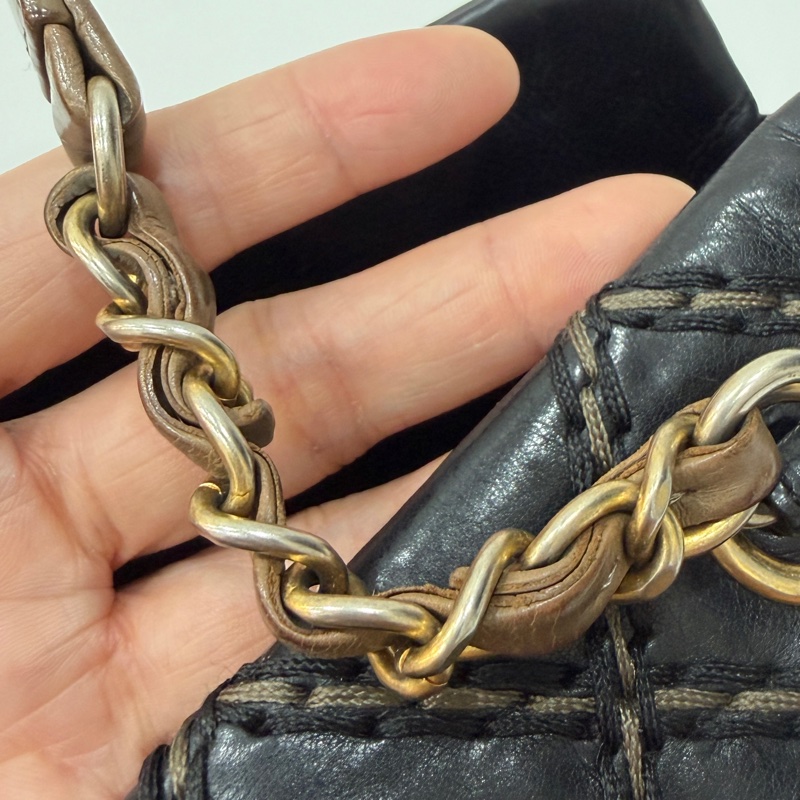 CHANEL 香奈兒 黑金 菱格 牛皮 托特包 手提包 肩背包 側背包-34