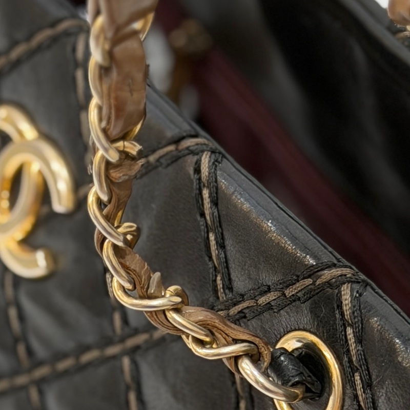 CHANEL 香奈兒 黑金 菱格 牛皮 托特包 手提包 肩背包 側背包-35