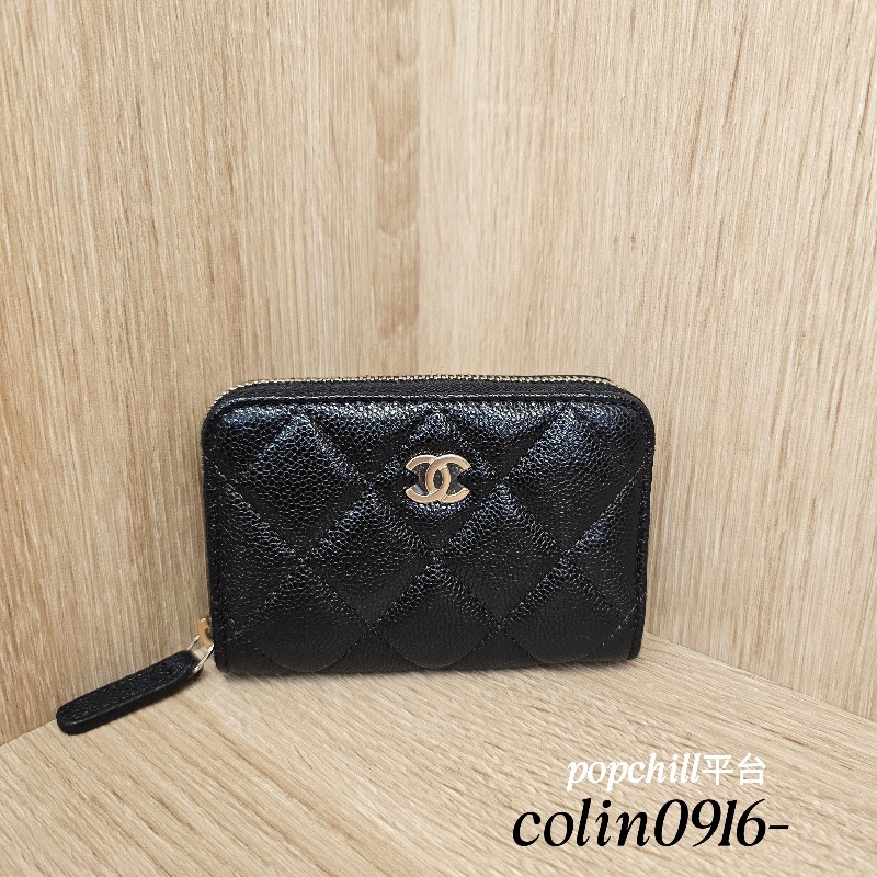 [品況新新款❣️] Chanel黑荔枝皮金釦內拉鏈零錢卡包-0