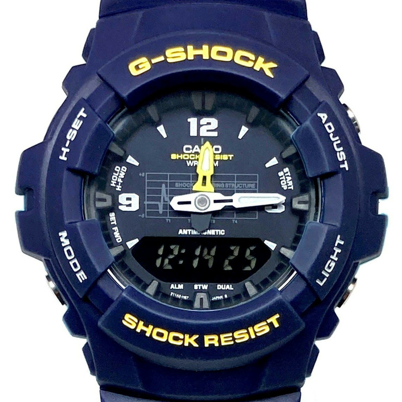 卡西歐 G-SHOCK G-100-2BM 海軍藍腕錶，附避震曲線，黃色錶盤，指針/數位雙顯，2000 年 2 月發布，Mikunigaoka 商店，IT3NKDIWG4-0