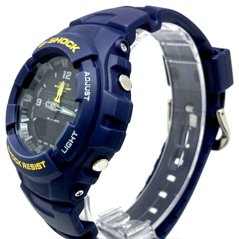 卡西歐 G-SHOCK G-100-2BM 海軍藍腕錶，附避震曲線，黃色錶盤，指針/數位雙顯，2000 年 2 月發布，Mikunigaoka 商店，IT3NKDIWG4-1