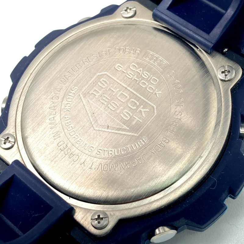 卡西歐 G-SHOCK G-100-2BM 海軍藍腕錶，附避震曲線，黃色錶盤，指針/數位雙顯，2000 年 2 月發布，Mikunigaoka 商店，IT3NKDIWG4-7