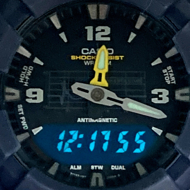 卡西歐 G-SHOCK G-100-2BM 海軍藍腕錶，附避震曲線，黃色錶盤，指針/數位雙顯，2000 年 2 月發布，Mikunigaoka 商店，IT3NKDIWG4-8