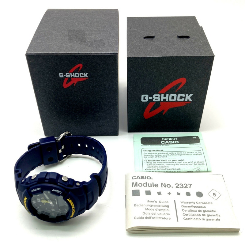 卡西歐 G-SHOCK G-100-2BM 海軍藍腕錶，附避震曲線，黃色錶盤，指針/數位雙顯，2000 年 2 月發布，Mikunigaoka 商店，IT3NKDIWG4-9