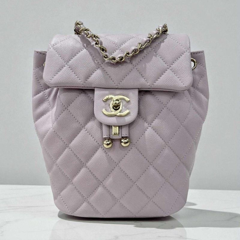 CHANEL 荔枝牛皮金釦後背包 粉色 晶片款-0