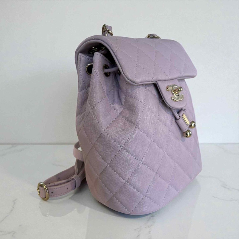 CHANEL 荔枝牛皮金釦後背包 粉色 晶片款-1