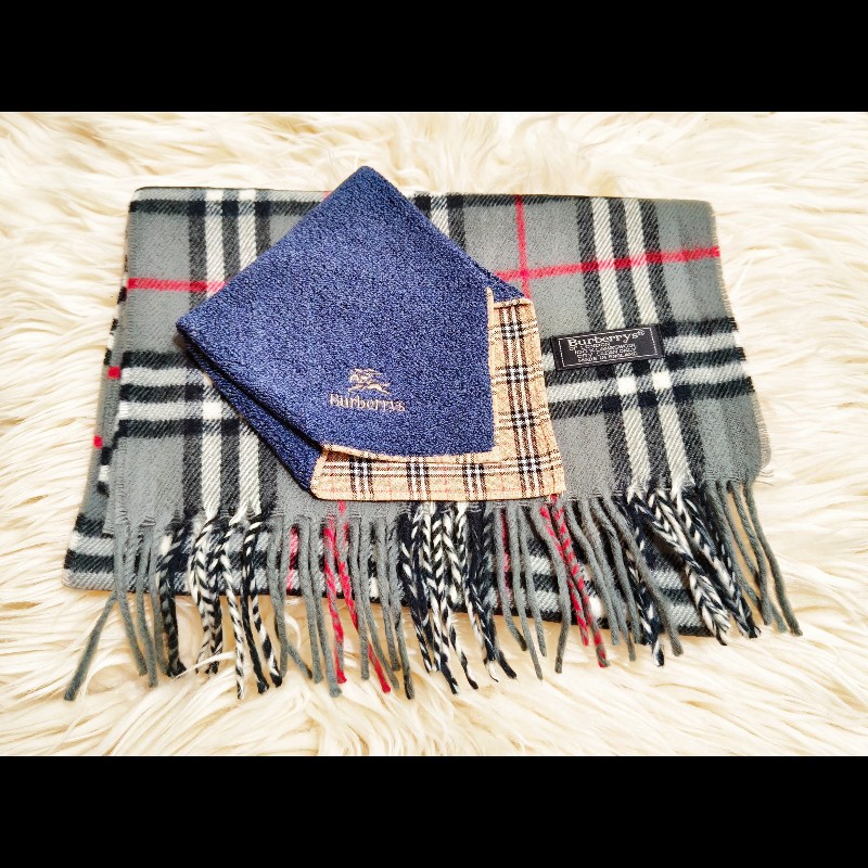 Burberry 霧霾藍格紋羊絨圍巾-11