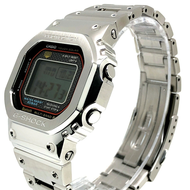 卡西歐 G-SHOCK GMW-B5000D-1C 手錶，全金屬錶殼，第一代表盤顏色，電波校時太陽能動力，藍牙，手機連接，LED 背光，旋入式後蓋，銀色，2025 年 6 月發售，Mikunigaoka 商店，IT61W8EK1S2O-2