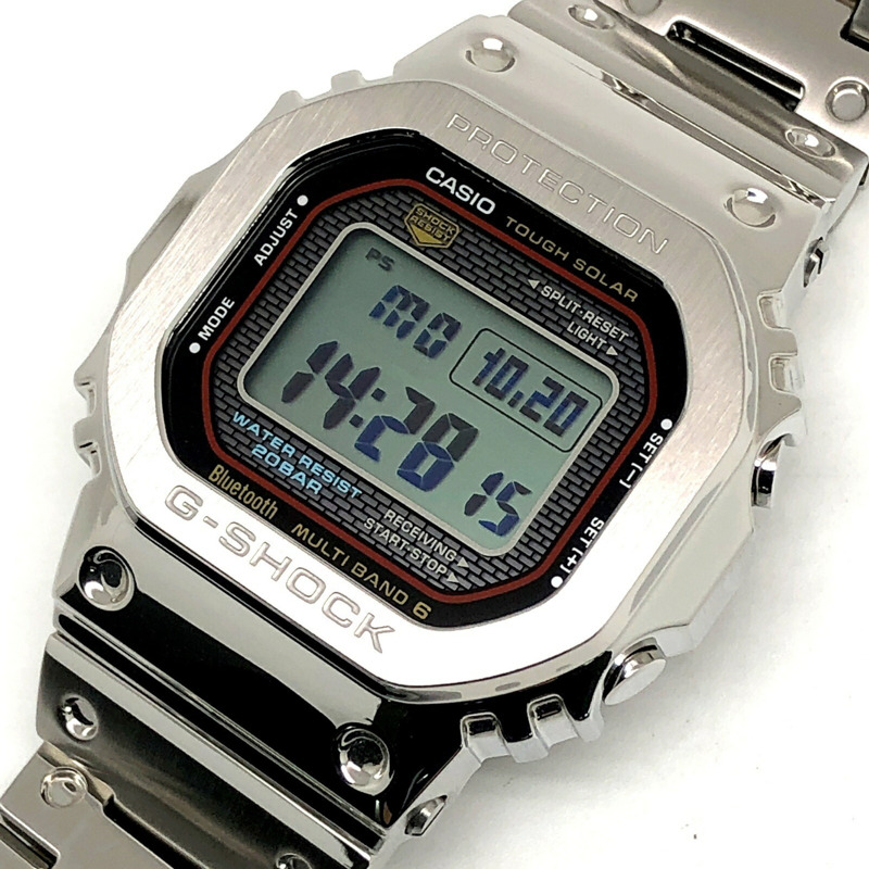 卡西歐 G-SHOCK GMW-B5000D-1C 手錶，全金屬錶殼，第一代表盤顏色，電波校時太陽能動力，藍牙，手機連接，LED 背光，旋入式後蓋，銀色，2025 年 6 月發售，Mikunigaoka 商店，IT61W8EK1S2O-3