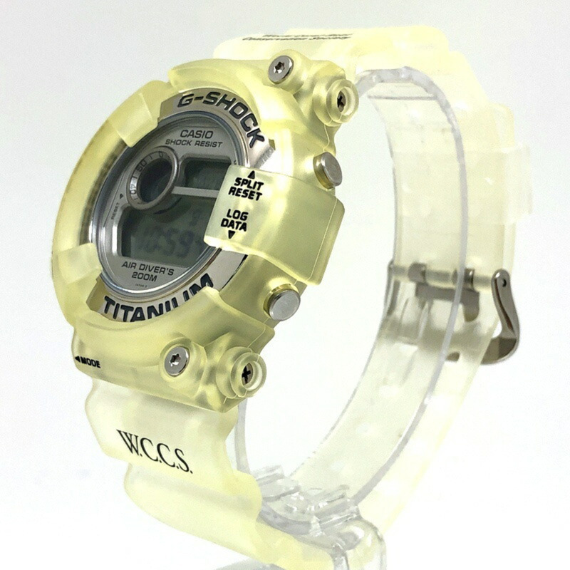 卡西歐 G-SHOCK FROGMAN WCCS DW-8201WC-8T 鈦金屬腕錶，白色鏤空錶盤，黑色錶殼，三重蝠鱝 EL 背光，全球珊瑚礁保護協會，1998 年 6 月，海塚商店，ITUIIID8YQP0-2