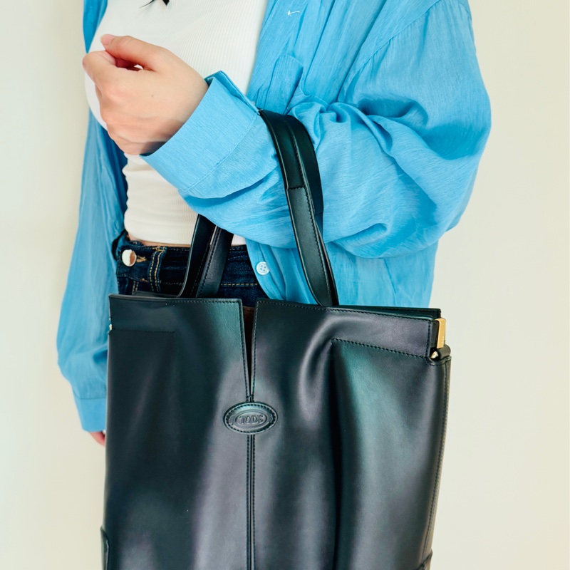 專櫃正品 TOD’S 黑色牛皮托特包 肩背包 斜背包 手提包 黑色牛皮 附小包 可調式長背帶-1