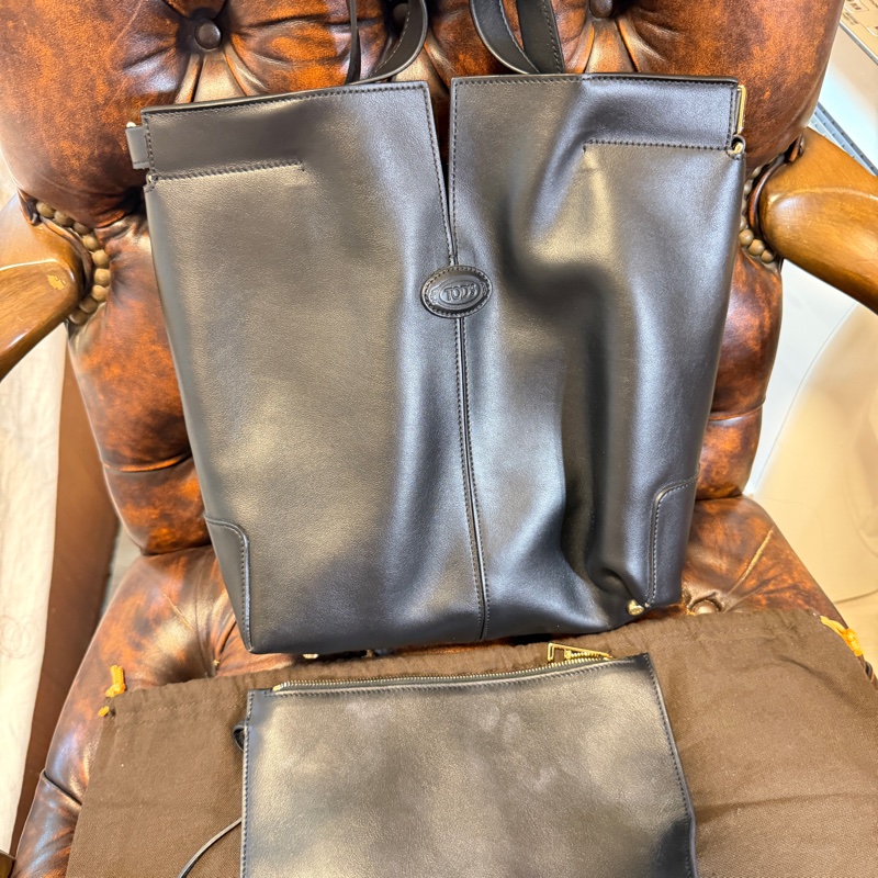 專櫃正品 TOD’S 黑色牛皮托特包 肩背包 斜背包 手提包 黑色牛皮 附小包 可調式長背帶-3
