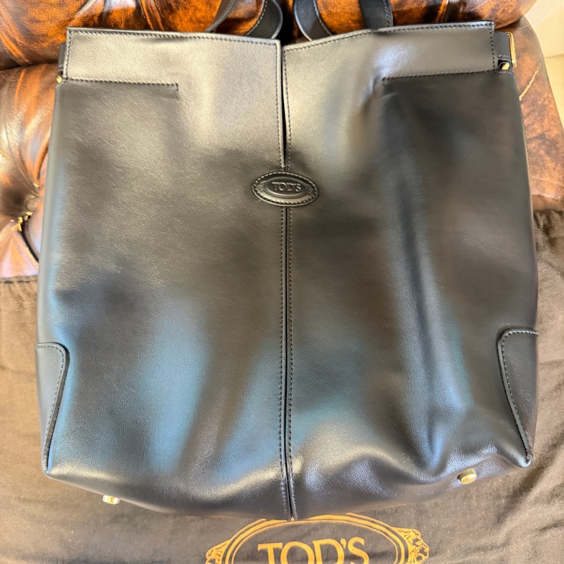 專櫃正品 TOD’S 黑色牛皮托特包 肩背包 斜背包 手提包 黑色牛皮 附小包 可調式長背帶-6
