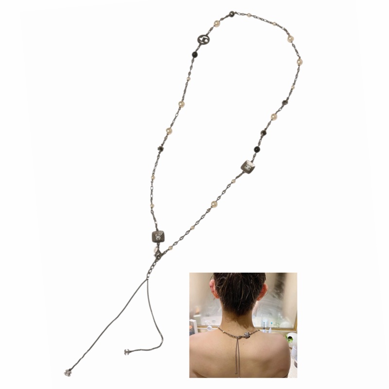 🍒CHANEL CC標誌由人造黑、白珍珠及黑色瑪瑙與水鑽方形金屬鏈條組成長鏈3F251108-1-2