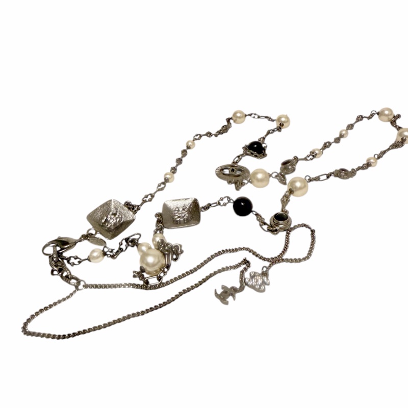 🍒CHANEL CC標誌由人造黑、白珍珠及黑色瑪瑙與水鑽方形金屬鏈條組成長鏈3F251108-1-3