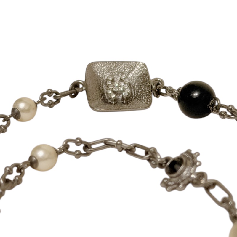 🍒CHANEL CC標誌由人造黑、白珍珠及黑色瑪瑙與水鑽方形金屬鏈條組成長鏈3F251108-1-7