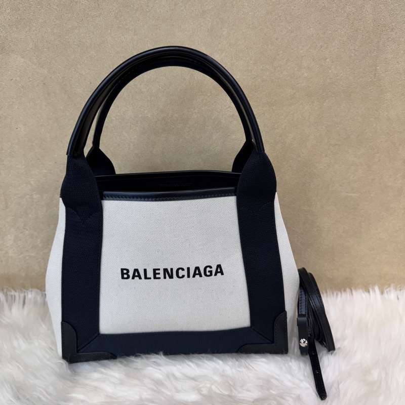 Baleciaga Navy Cabas XS 米帆布手提斜背包 近全新-0