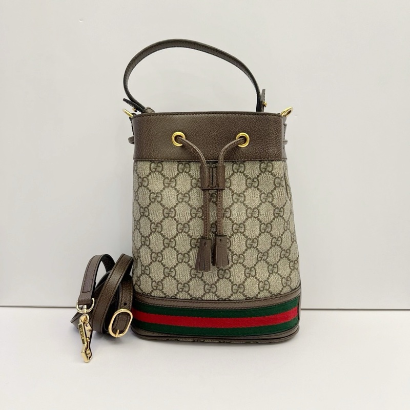 GUCCI Ophidia帆布老花紅綠織帶水桶包-0