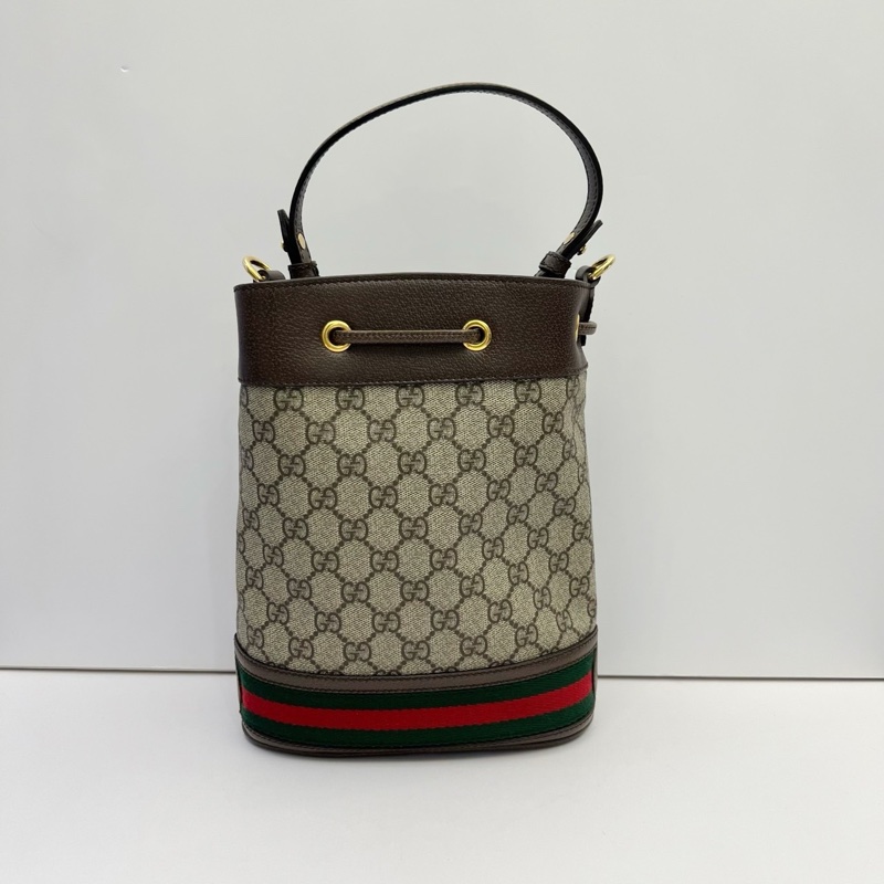 GUCCI Ophidia帆布老花紅綠織帶水桶包-4