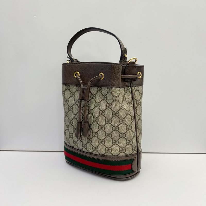 GUCCI Ophidia帆布老花紅綠織帶水桶包-10