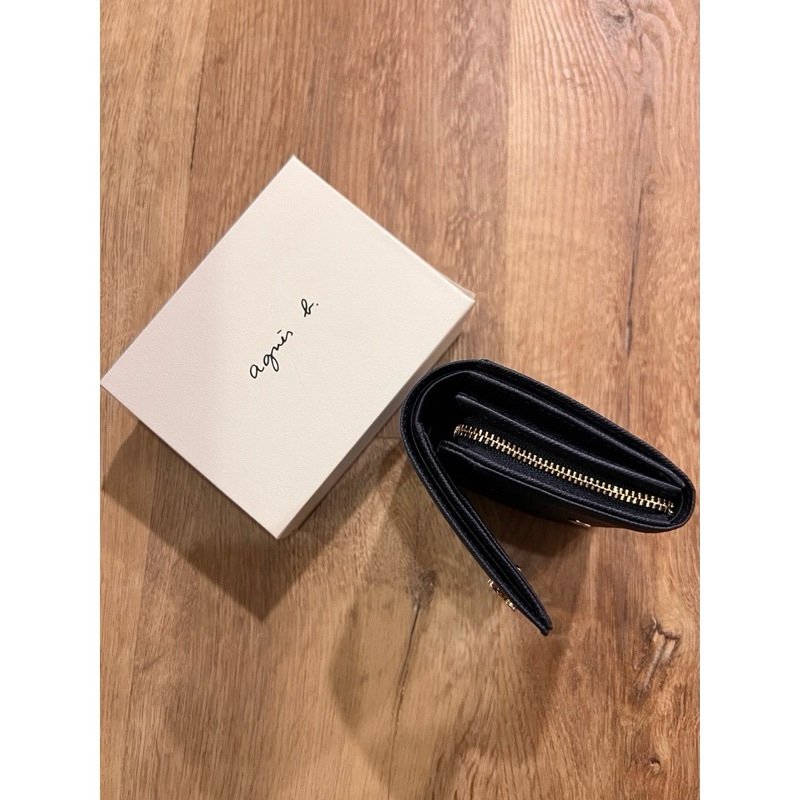 Agnes b.藍色經典款燙金BLogo 防刮皮革釦式短夾全新-3