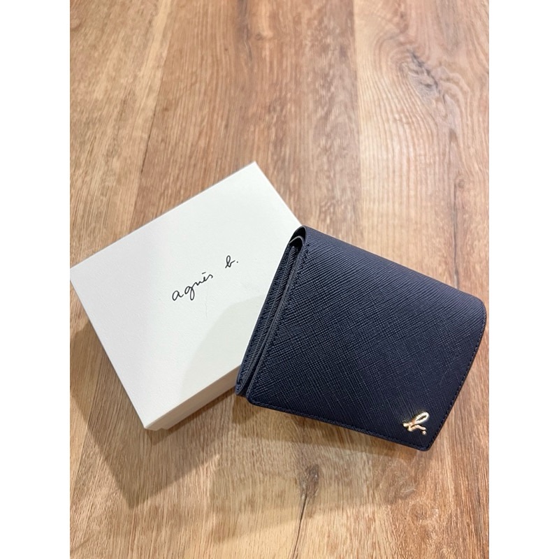 Agnes b.藍色經典款燙金BLogo 防刮皮革釦式短夾全新-6