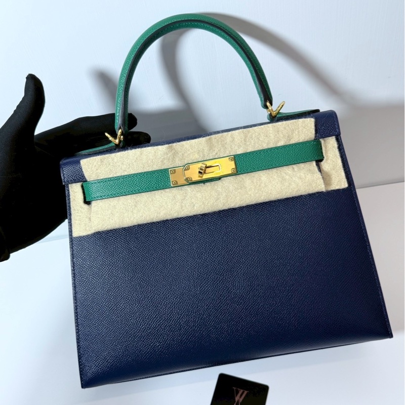 Hermes Kelly28 藍拼綠 金釦 馬蹄燙金 Epsom皮 全新-0