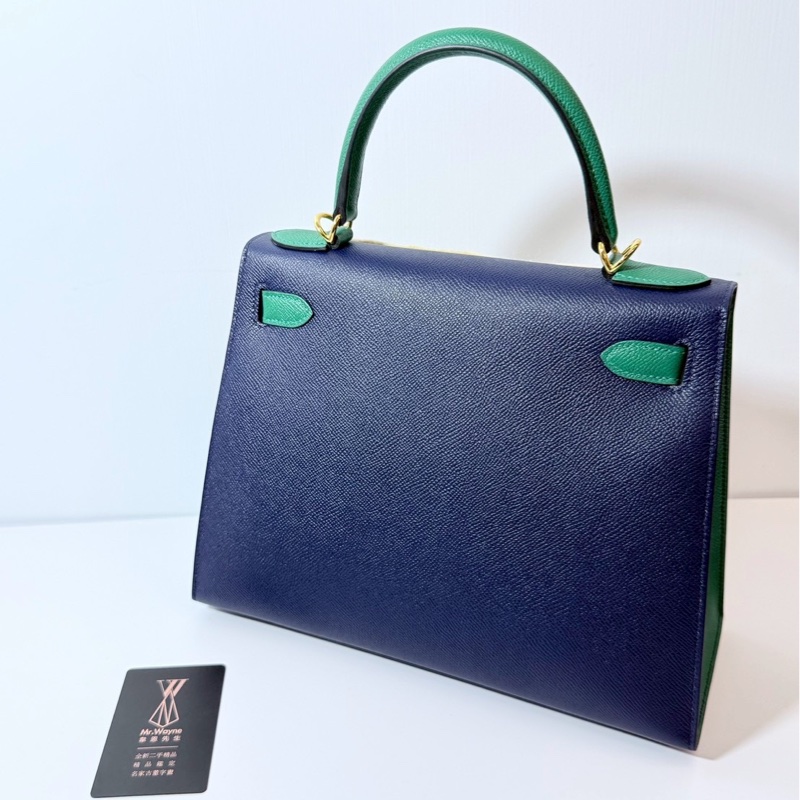 Hermes Kelly28 藍拼綠 金釦 馬蹄燙金 Epsom皮 全新-2
