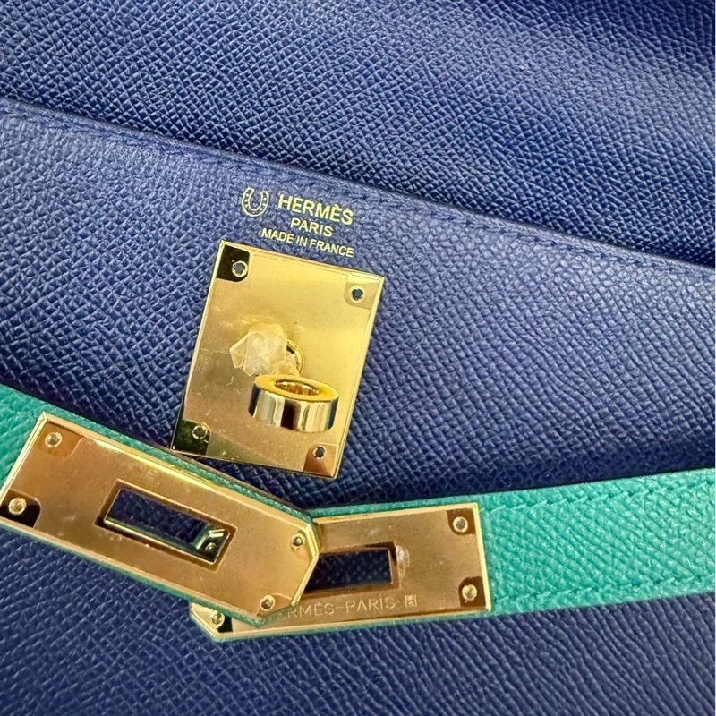 Hermes Kelly28 藍拼綠 金釦 馬蹄燙金 Epsom皮 全新-6