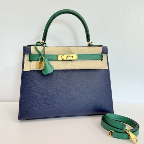 Hermes Kelly28 藍拼綠 金釦 馬蹄燙金 Epsom皮 全新