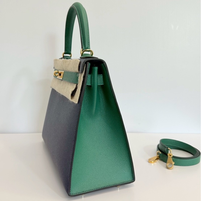 Hermes Kelly28 藍拼綠 金釦 馬蹄燙金 Epsom皮 全新-2