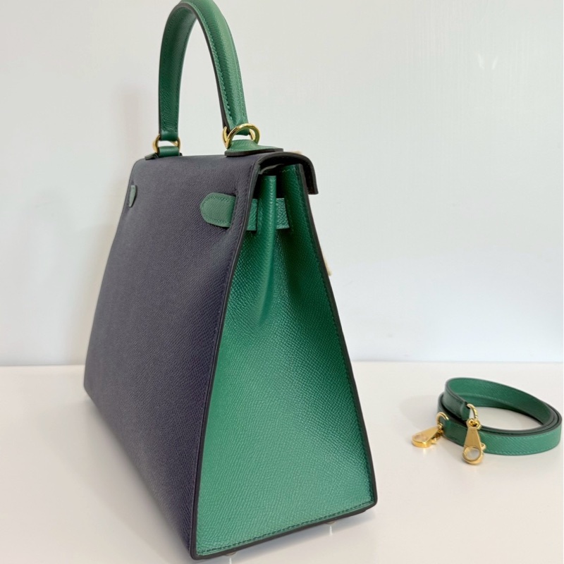 Hermes Kelly28 藍拼綠 金釦 馬蹄燙金 Epsom皮 全新-3