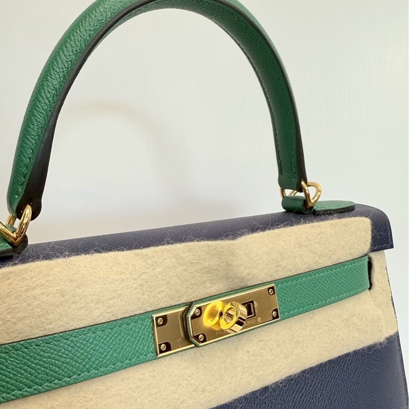 Hermes Kelly28 藍拼綠 金釦 馬蹄燙金 Epsom皮 全新-4