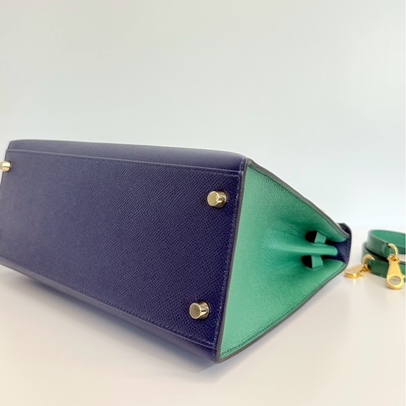 Hermes Kelly28 藍拼綠 金釦 馬蹄燙金 Epsom皮 全新-9